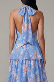Chiffon Blue Pink Flower Halter Neck Tiered A-Line Floral Dress with Bow