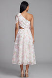 One Shoulder White Pink Flower Chiffon Cut Out A-Line Floral Dress with Bow