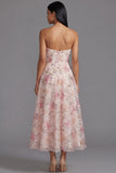 Chiffon Pink Strapless Printed Long Floral Dress with Beading