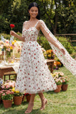 Ivory Red Flower Sheer Corset A-Line Midi Wedding Guest Dress