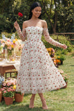 Ivory Red Flower A-Line Strapless Midi Wedding Guest Dress with Sheer Sleeves