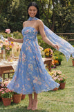 Sheath Strapless Chiffon Blue Floral Printed Midi Wedding Guest Dress with Neck Scarf