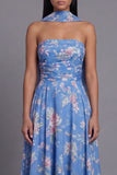Sheath Strapless Chiffon Blue Floral Printed Midi Wedding Guest Dress with Neck Scarf