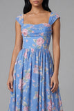 Square Neck Sheath Chiffon Blue Ruched Floral Printed Midi Wedding Guest Dress