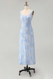 Blue Square Neck Floral Sheath Midi Dress with Appliques