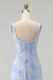 Blue Square Neck Floral Sheath Midi Dress with Appliques
