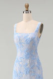 Blue Square Neck Floral Sheath Midi Dress with Appliques