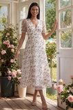 ZAPAKA Women White Pink Flower A-Line Midi Dress Tulle V-Neck Floral Wedding Guest Dress with Short Sleeves