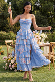 Blue Sheath Corset Tiered Chiffon Ruched Floral Print Midi Dress with Slit