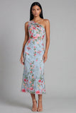 Blue Pink Flower Tulle One Shoulder Sheath Floral Midi Dress