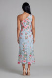 Blue Pink Flower Tulle One Shoulder Sheath Floral Midi Dress