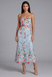 Blue Pink Flower Tulle Strapless Sheath Floral Midi Dress