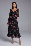 Black Tulle V-Neck Sheath Printed Floral Midi Dress with Long Sleeves