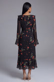 Black Tulle V-Neck Sheath Printed Floral Midi Dress with Long Sleeves