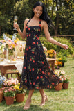Chiffon Black Halter Neck Printed Sheath Floral Midi Dress