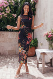Tulle Black Bodycon Illusion Neck Printed Ruched Floral Midi Dress