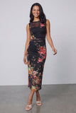 Tulle Black Bodycon Illusion Neck Printed Ruched Floral Midi Dress