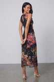 Tulle Black Bodycon Illusion Neck Printed Ruched Floral Midi Dress