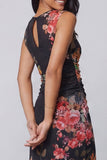 Tulle Black Bodycon Illusion Neck Printed Ruched Floral Midi Dress