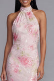 Sparkly White Pink Flower Bodycon Printed Floral Dress with Sequin