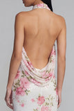 Sparkly White Pink Flower Bodycon Printed Floral Dress with Sequin