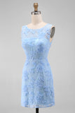 Blue Tulle Round Neck Bodycon Mini Floral Dress with Lace Appliques
