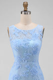 Blue Tulle Round Neck Bodycon Mini Floral Dress with Lace Appliques