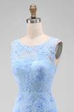 Blue Tulle Round Neck Bodycon Mini Floral Dress with Lace Appliques