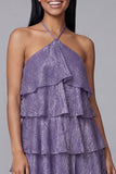 White Pink Flower Chiffon Halter Neck A-Line Printed Tiered Floral Mini Dress