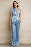 Satin Blue 2 Piece Single Breasted Peak Lapel Women Suits with Sleeveless