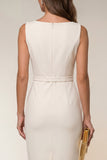Ivory Bodycon Bateau Neck Midi Work Dress with Sleeveless