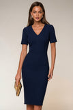 Bodycon Navy V-Neck Short Sleeves Midi Work Dress with Slit