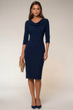 Cowl Neck Navy Bodycon 3/4 Sleeves Midi Work Dress with Slit