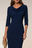 Cowl Neck Navy Bodycon 3/4 Sleeves Midi Work Dress with Slit