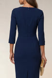 Cowl Neck Navy Bodycon 3/4 Sleeves Midi Work Dress with Slit