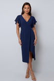 Bodycon Navy Flutter Sleeves V-Neck Midi Work Dress with Slit