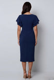 Bodycon Navy Flutter Sleeves V-Neck Midi Work Dress with Slit