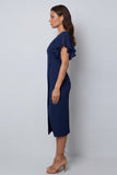 Bodycon Navy Flutter Sleeves V-Neck Midi Work Dress with Slit