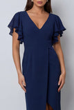 Bodycon Navy Flutter Sleeves V-Neck Midi Work Dress with Slit