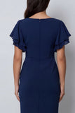 Bodycon Navy Flutter Sleeves V-Neck Midi Work Dress with Slit