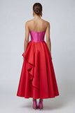 Fuchsia and Red Strapless A Line Corset Ruffled Midi Formal Dress