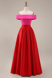 Off the Shoulder Fuchsia and Red A Line Color Block Midi Formal Dress