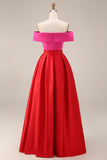 Off the Shoulder Fuchsia and Red A Line Color Block Midi Formal Dress