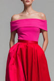 Off the Shoulder Fuchsia and Red A Line Color Block Midi Formal Dress