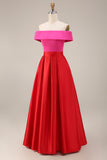 Off the Shoulder Fuchsia and Red A Line Color Block Midi Formal Dress