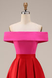 Off the Shoulder Fuchsia and Red A Line Color Block Midi Formal Dress
