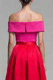 Off the Shoulder Fuchsia and Red A Line Color Block Midi Formal Dress