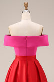 Off the Shoulder Fuchsia and Red A Line Color Block Midi Formal Dress