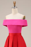 Off the Shoulder Fuchsia and Red A Line Color Block Midi Formal Dress