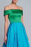 Off the Shoulder Green and Blue A Line Satin Asymmetrical Formal Dress